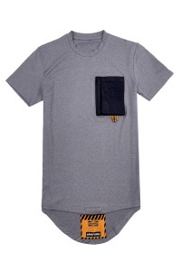 網上下單訂購灰色短袖T恤  時尚設計左前胸拉鏈袋口 花紗灰 織帶 設計衫袋 後幅 袋口設計 T1102